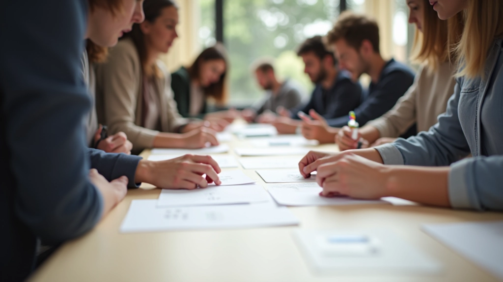 Atelier de tri de cartes avec utilisateurs, montrant des cartes sur une table