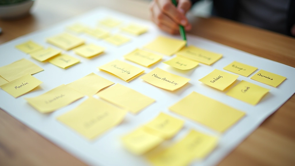 Gros plan sur une table montrant des cartes organisées en groupes, avec des notes autocollantes jaunes indiquant les catégories