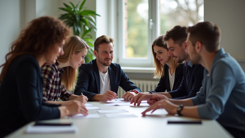 Groupe de quatre participants belges concentrés sur leur exercice de tri de cartes autour d'une grande table