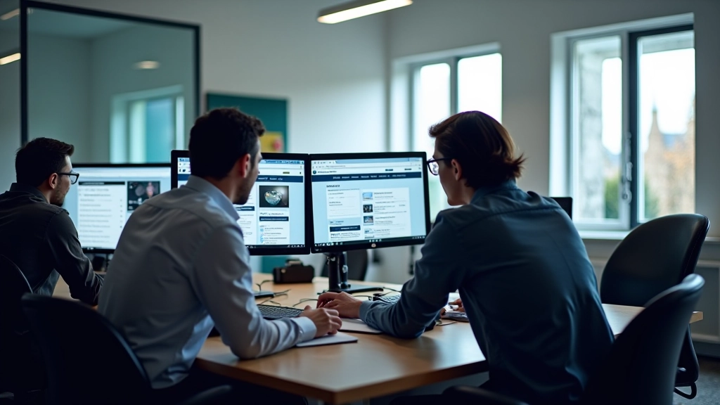 Bureau de médias belges montrant les sites restructurés sur plusieurs écrans