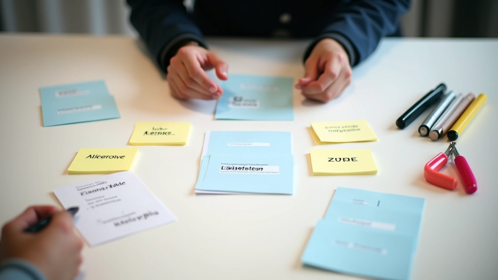 Ensemble de cartes imprimées préparées pour un exercice de tri, étalées sur une table avec des marqueurs et des notes